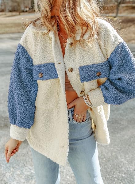 ASTYLISH WOMENS 2023 WINTER COATS FUZZY FLEECE FAUX SHEARLING OVERSIZED OUTWEAR SHACKET JACKET BLUE