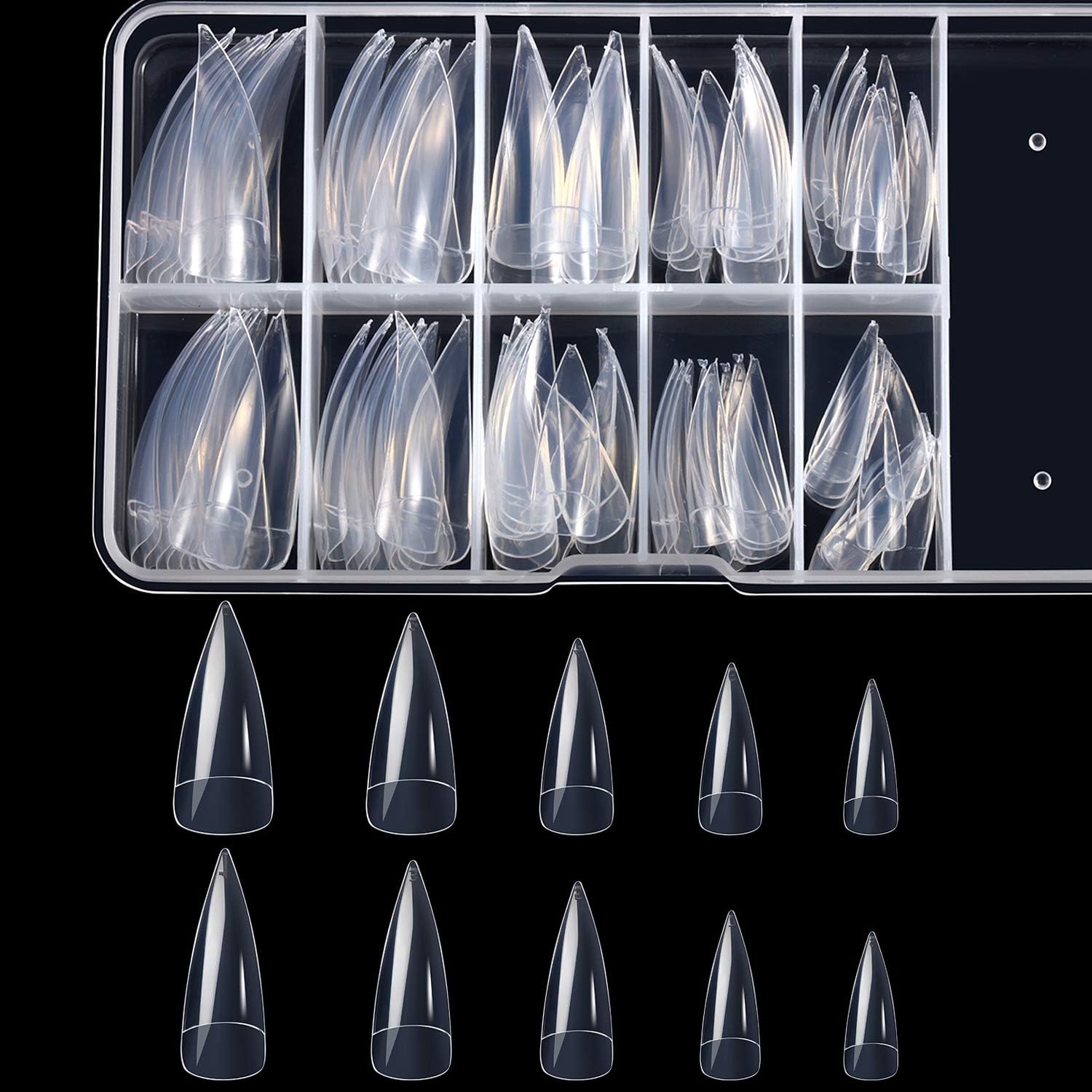 Stiletto Nail Tips 100 Pieces False Nail Half Coverage Fake Nails Clear Acrylic Nail Tips for Girls Lady DIY Practice Art Display, 10 Sizes