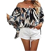 GORGLITTER Women's Off The Shoulder Tops Boho Asymmetrical 3/4 Sleeve Ruffle Colorful Blouses Shirt Tops Dressy Casual Blue Small