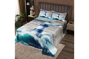 Erosebridal Lighthouse Bedspread Twin Size,Sea Ocean Waves Quilt Bedding Set Nautical Bedroom Decor,Teal Marine Quilts Sets f