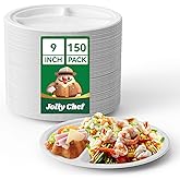 JOLLY CHEF Compostable 𝟯 Compartment Paper Plates 𝟵 𝗜𝗻𝗰𝗵 [𝟭𝟱𝟬 𝗣𝗮𝗰𝗸] Heavy Duty Divided Disposable Eco-Friendly Bagasse Biodegradable White Round Trays for Party Dinner Lunch Christmas