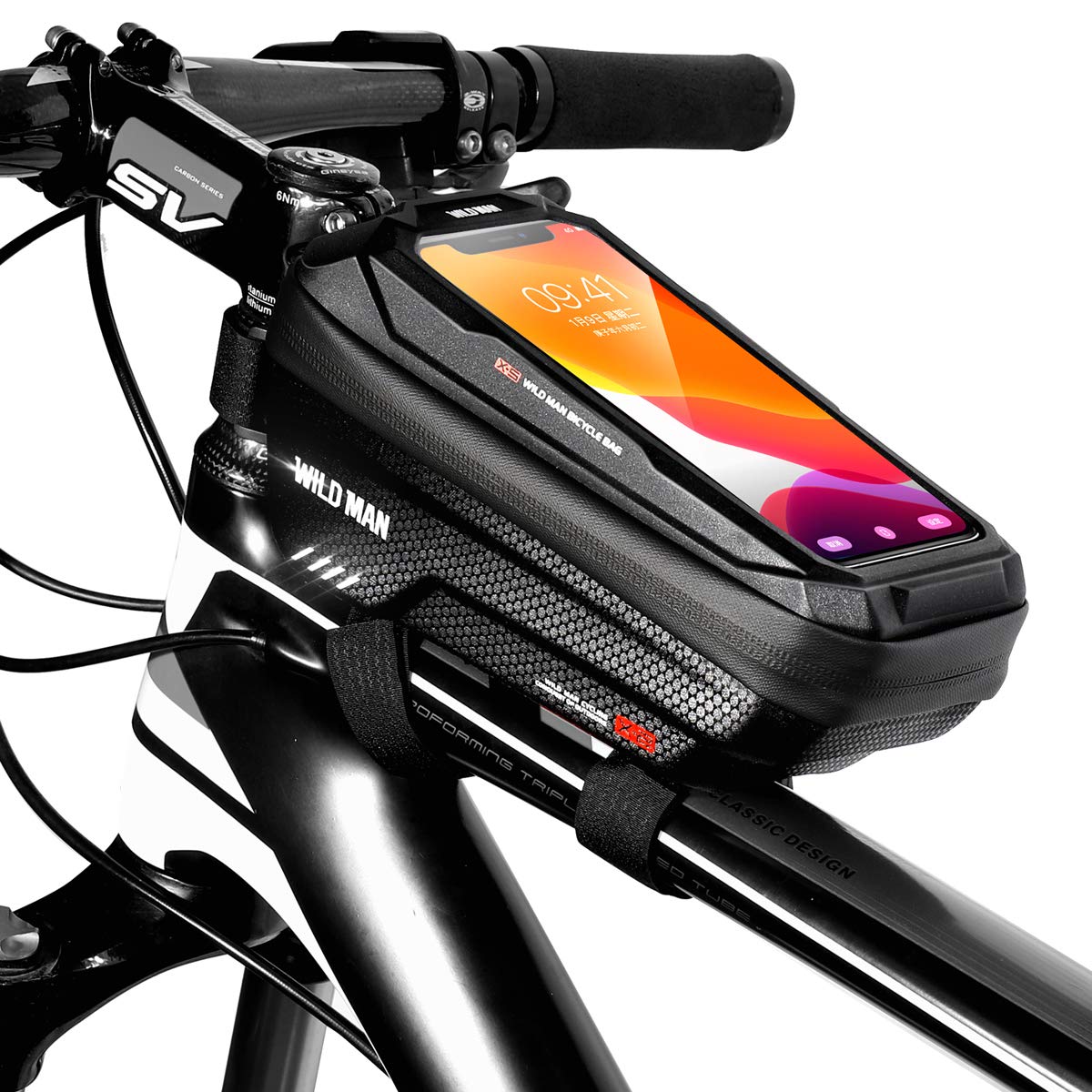 Bike Frame Bag, Waterproof Bicycle Front Top Tube Pouch Pannier Bike Phone Mount Holder Handlebar Bag Cycling Crossbar Storage Bags with Touch Screen for iPhone 16 15 14 Pro Max Smartphone up to 6.7''