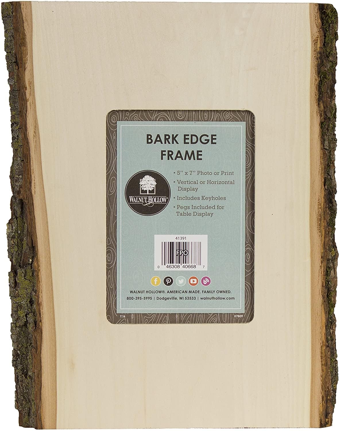 Walnut Hollow Bark Edge Photo Frame for 5 x 7 Pictures (No Glass), Wood, Natural, 5 x 7 inches