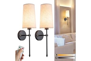 YHCDLAMP Battery Operated Wall Sconce Set Of Two with Remote Control, Indoor Not Hardwired Dimmable Battery Operated Wall Sconce Light Fixture with Fabric Linen Shade For Bedroom Living Room, Bulb Included ( C