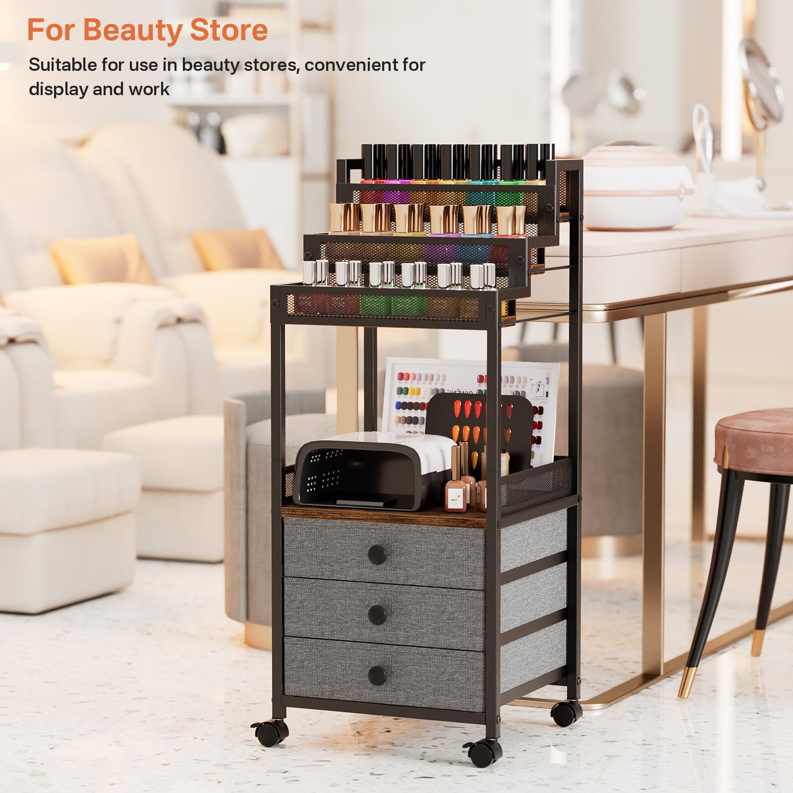 FURFUN Display Riser Stand Perfume Cologne Organizer, Rolling Makeup Storage Cart with Fabric Drawers, Floor Vanity Cosmetics Display Cases for Skin Care Nail Polish Figures Rustic Brown Ladder Stand