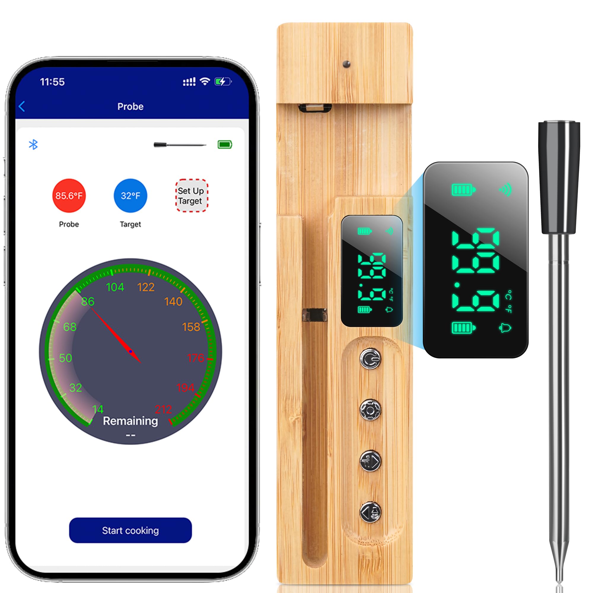 FIYAPOO Smart Bluetooth Meat Thermometer Wireless Grill Meat Thermometer