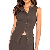 Women Button Down Tank Vest Casual Slim Fit Sleeveless Ribbed Knit Shirt Y2k Skinny Going Out Crewneck Tank Crop Top