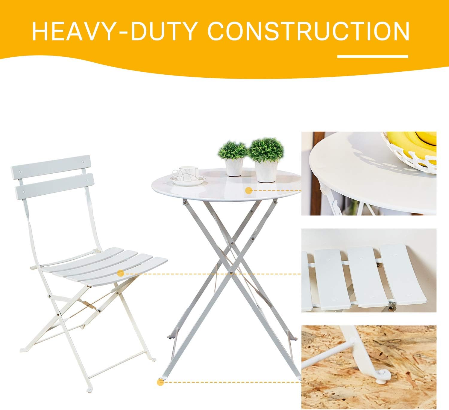 Grand patio 3pc Metal Folding Bistro Set, 2 Chairs and 1 Table, Weather-Resistant Outdoor/Indoor Conversation Set for Patio, Yard, Garden-White: Garden & Outdoor