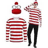 FancyFun 3 Pieces Men Halloween Costume Set, Adult Cosplay Costumes Red and White Striped Shirt with Hat and Nerd Glasses