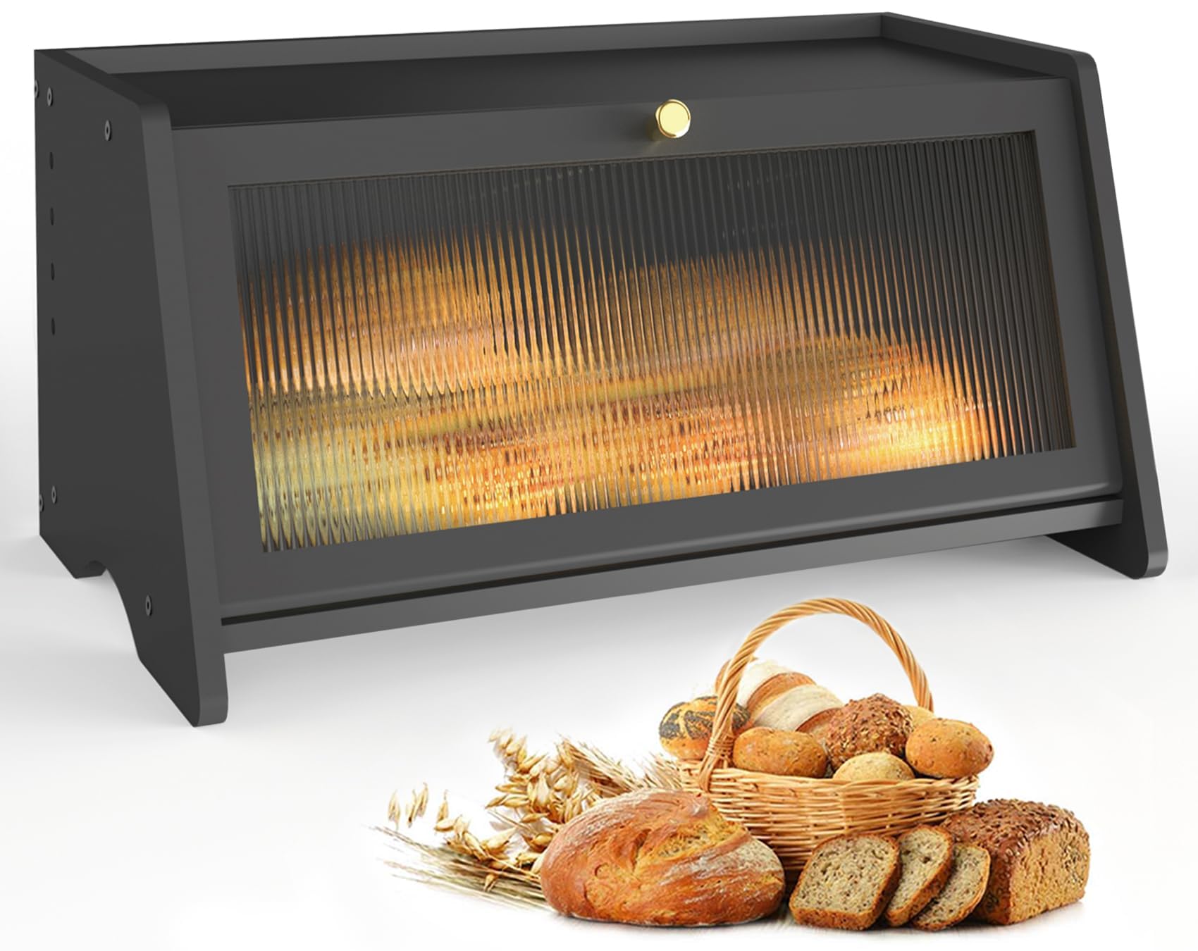 WRENYZK Bread Bin, Black Bread Bins for the Kitchen,Large Breadbin with Back Clear Window Window and Air Vents for Multifunctional Storage, 40x25x20cm