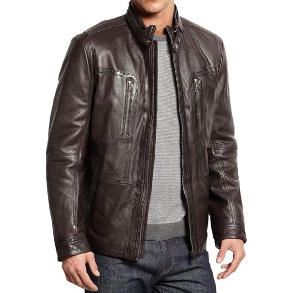 Cole Haan Men's Smooth Lamb Leather Moto Jacket, Java, Large at