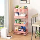 JIUYOTREE 4-Tier Plastic Rolling Storage Cart Pink with Lockable Wheels view 4