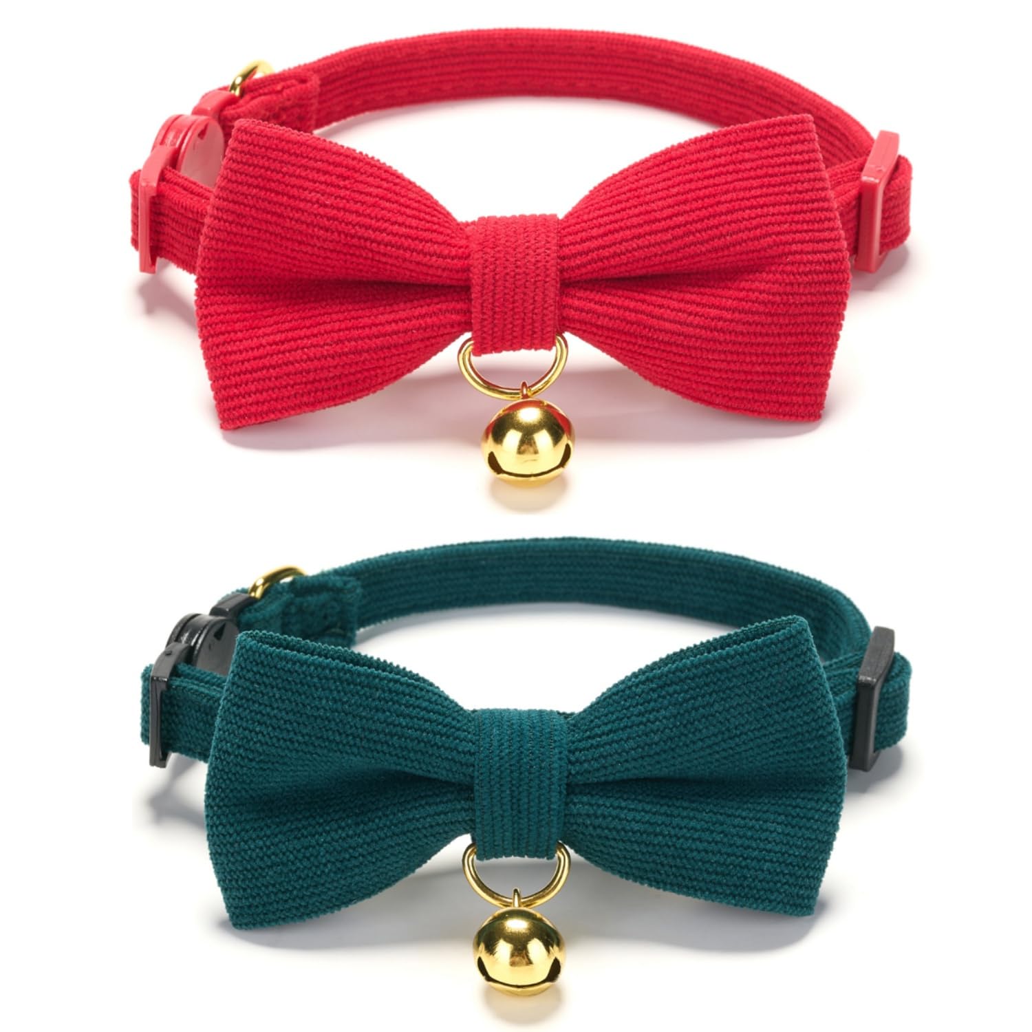 Cute Cat Collars With Bow,Quick Release Safty Buckle with Bells, Ideal for Christmas,Soft and Comfy Cordoroy Material in Red and Green Pack of 2 — image 1