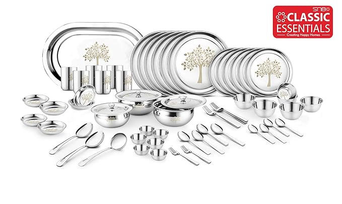 Classic Essentials Stainless Steel Vriksha Dinner Set,68-Pieces,Silver -Heavy Gauge with Permanent Laser Design