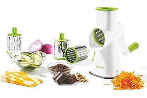 Starfrit Rotary Drum Grater - 4 Interchangeable Stainless Steel Drums - Slicing, Coarse and Fine Grating, Ice Shaving - Great