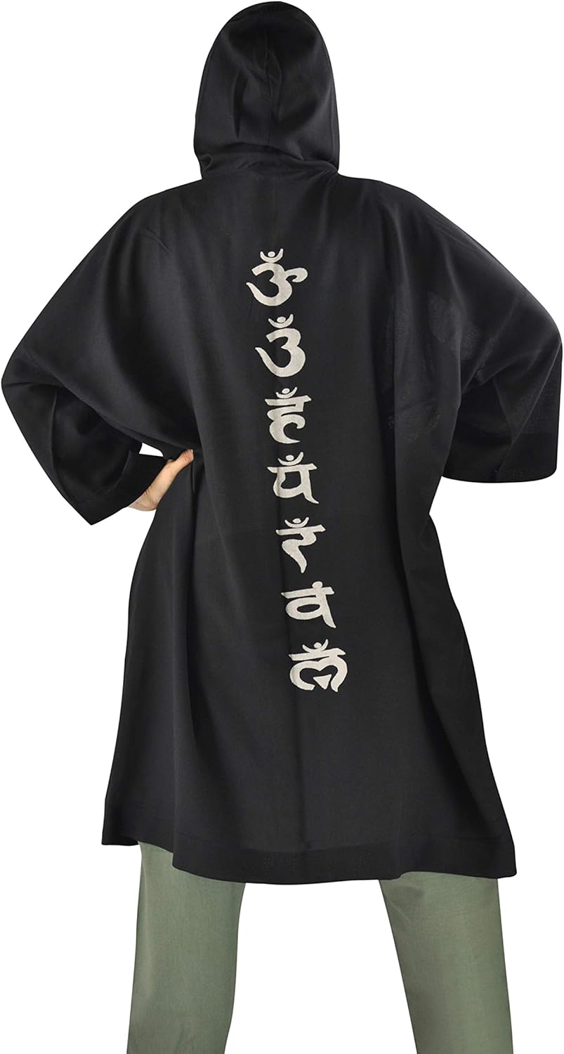 virblatt Mens Long Kimono Black Hooded Cardigan Open Front