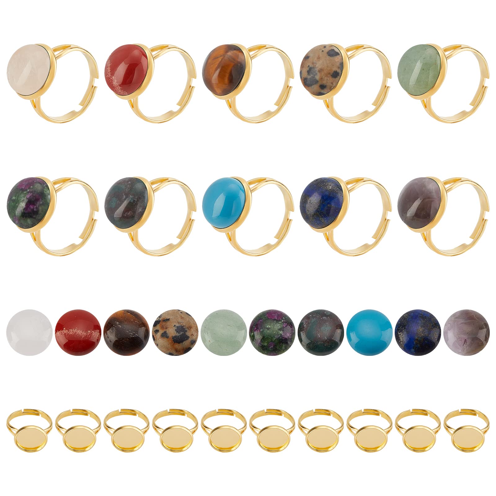 SUNNYCLUE 40pcs 10 Color Gemstone Cabochon Settings Adjustable Ring Blank with 12mm Gemstone Cabochons Ring Making Kit for DIY Jewellery Making Crafts Supplies,Golden