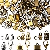 SUNNYCLUE 1 Box 210pcs 45 Sets Cord Ends Caps Kumihimo Bracelet Ends Alloy Antique Gold Silver Bronze Tassel End Tip Caps with Lobster Clasp Ring Link for Jewelry Making Kit Necklaces Bracelet DIY