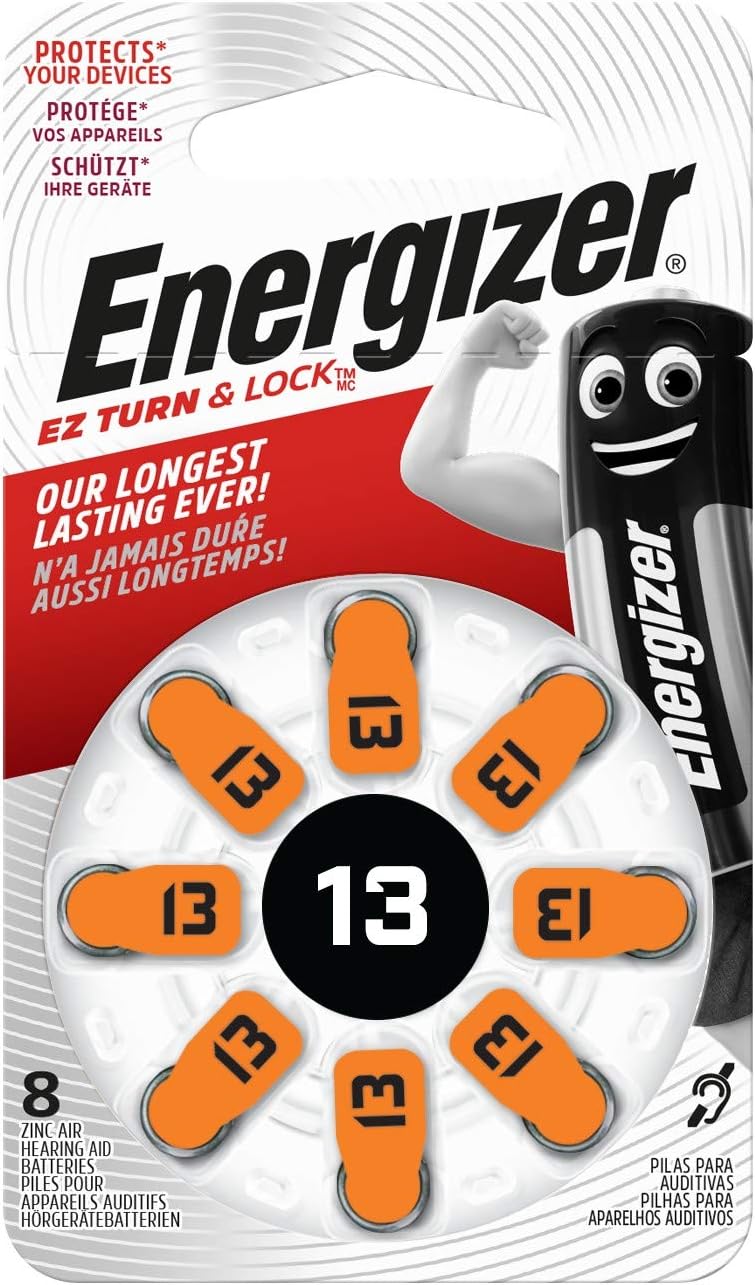 Energizer Hearing Aid Batteries, Size 13, EZ Turn & Lock, Pack of 8 , Orange, 13 (Pack of 8)