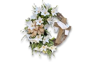 Easter Wreaths for Front Door, 50cm Easter Cross Wreath Christian Jesus Lily Flowers Hanging Signs for Spring Home Farmhouse 