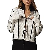 Ladyful Women's Cropped Cardigan Sweater Tie Front Striped Long Sleeve Crochet Tops Fall Trendy Knit Outfits