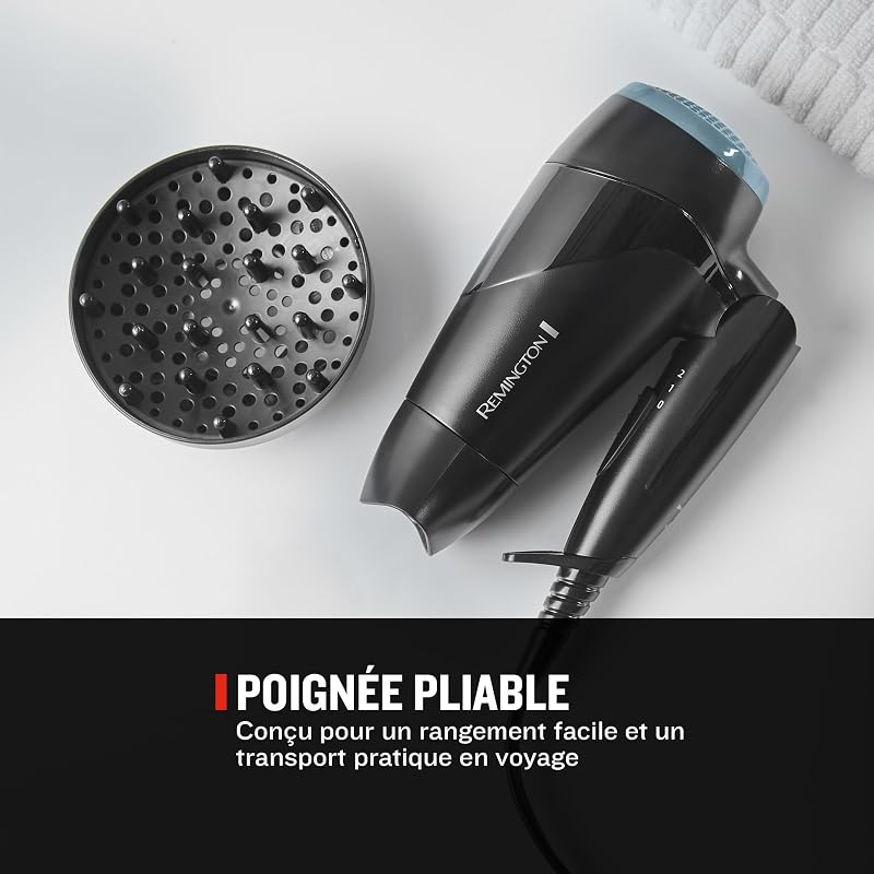 Sèche-cheveux de voyage [Ultra Compact, Léger & Puissant] On the go pliable (2000W, voltage universel, 2 niveaux de températures et puissance, concentrateur, diffuseur) D1500