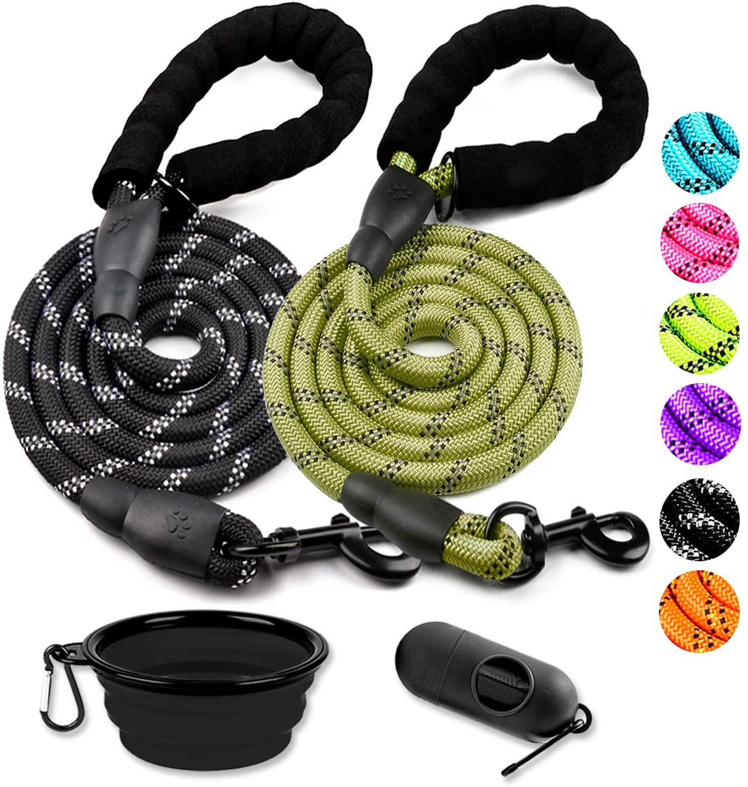 COOYOO 2 Pack Dog Leash 5 FT Heavy Duty - Comfortable Padded Handle - Reflective Dog Leash for Medium Large Dogs with Collapsible Pet Bowl¡­