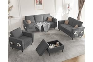 Mjkone 4 Pcs Sofa Couch Set with Storage Ottoman, Living Room Set Has Storage Pockets, Living Room Furniture includes 3-Seater + Ottoman + Loveseat + Single Sofa (Dark Gray)