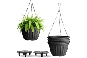 FGstyle Hanging Planters 10 Inch, 4 Pcs Self Watering Pots for Indoor Plants,Plastic Hanging Basket with Soil Elevator and 20" Chain for Home Garden Porch Balcony Patio Decor(Black)