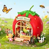 Roroom DIY Miniature House Kit, Strawberry Sweet Shop Dollhouse Kit | Wooden 3D Puzzles for Adults with LED, Bookshelf, Desk and Bedside Room Decor, Relaxing Craft Project, Creative Gift