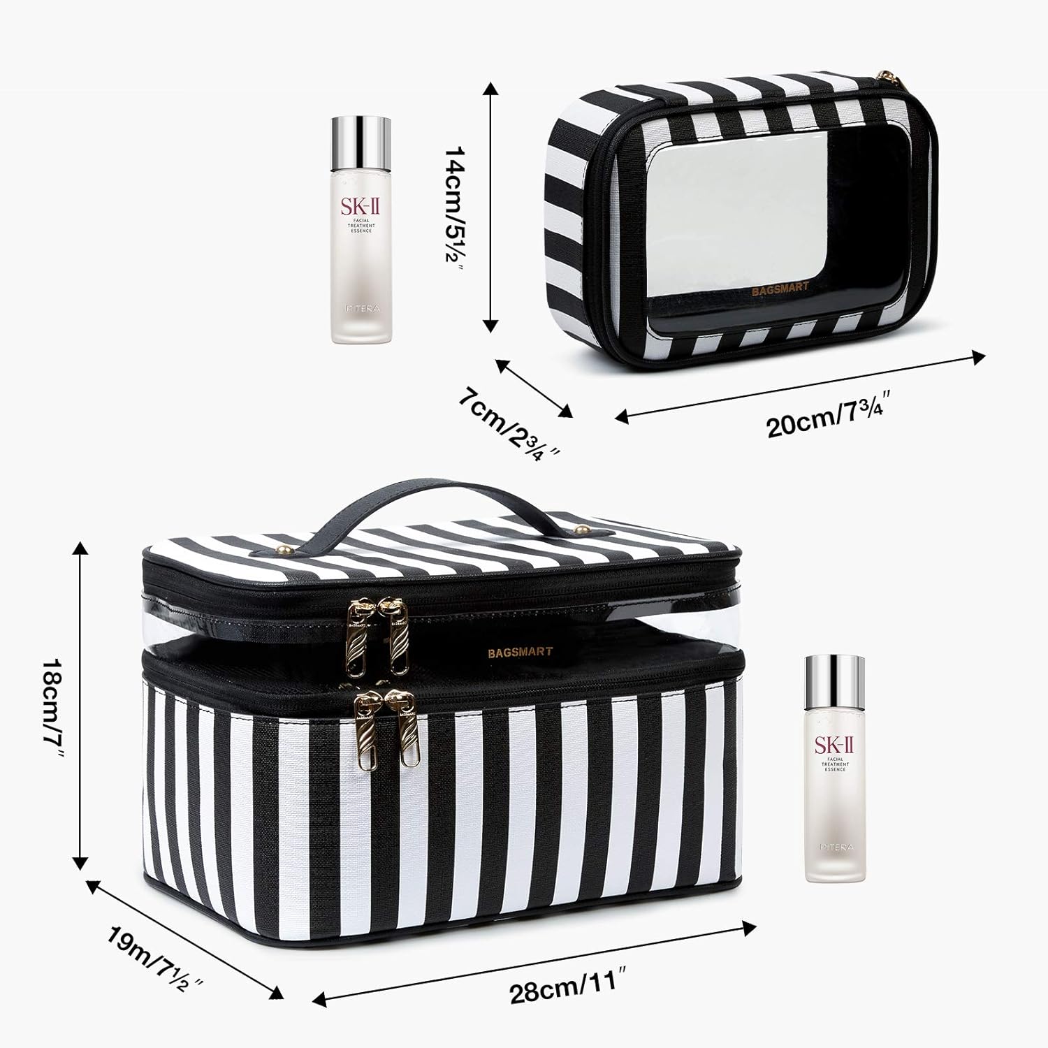 BAGSMART Large Cosmetic Bags Double Layer with Adjustable Dividers, 2 in 1 Makeup Bag Water-resistant Leather with Portable Clear Makeup Cases Travel, for Makeup, Cosmetics Tools, Brushes