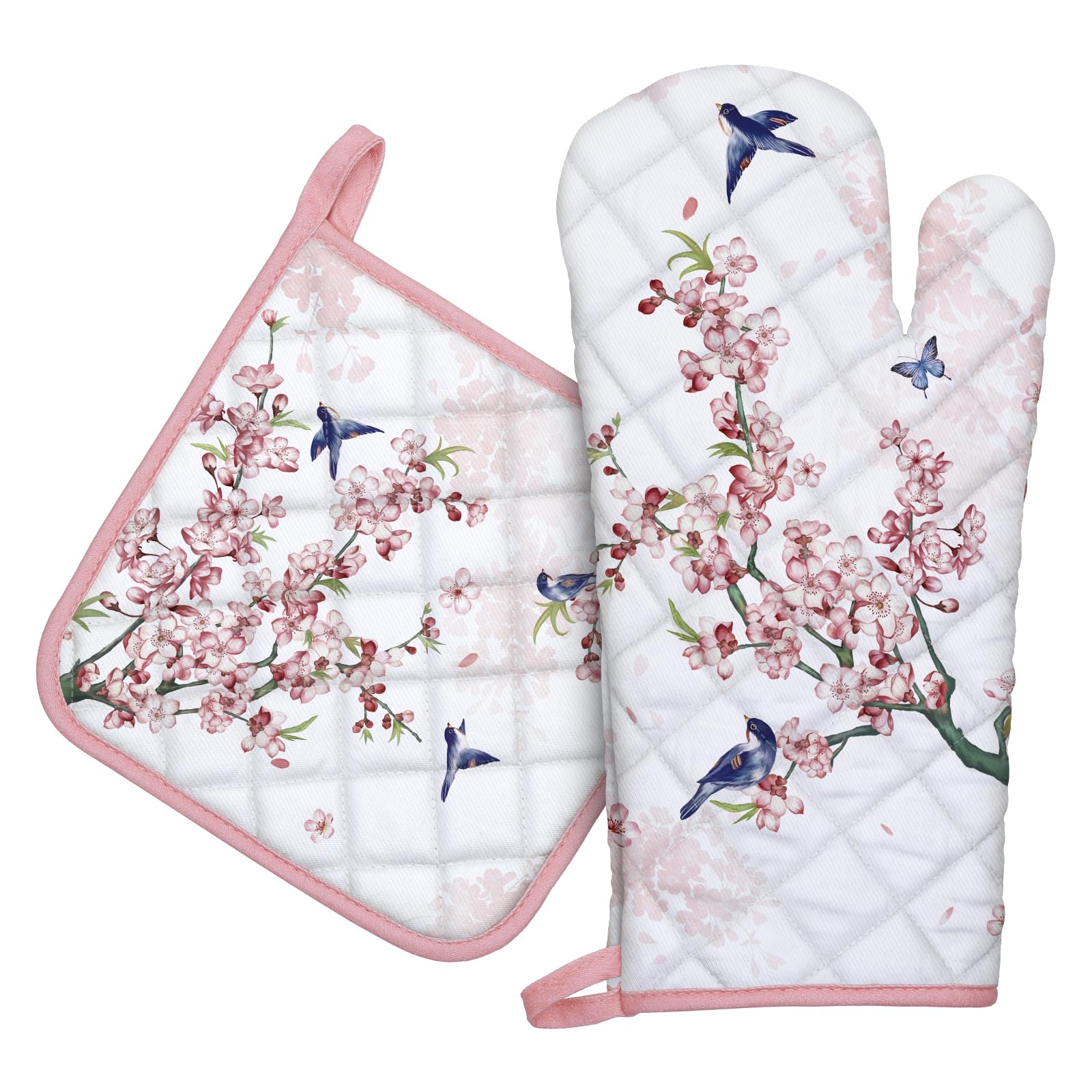 Arquiel Bird Flower Oven Mitts and Pot Holders -100% Cotton, Heat Resistant Extra Long Oven Gloves & Hot Pads for Cooking BBQ Grilling Baking Gift, Set of 2
