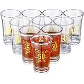 Sliner 48 Pack Birthday Shot Glasses Bulk Unbreakable 1.4 oz Cheers to 40/45/50/55/60 Years Shot Glass Thick Base Mini Clear Plastic Wine Glass Anniversary Favors for Guests Birthday (Gold,50th)