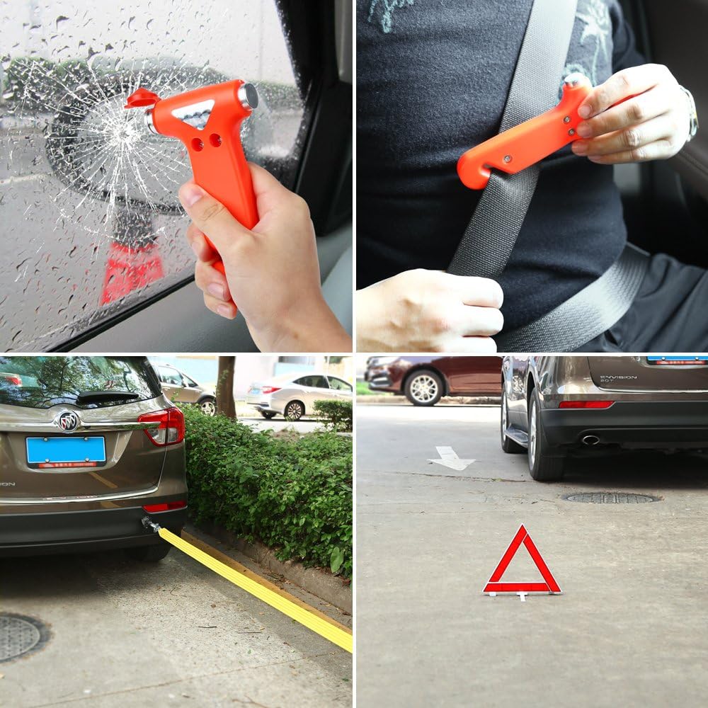 Electop Roadside Assistance Auto Emergency Kit 66 Pieces-in-1 Car Safety Kit with Jumper Cables,LED Road Flare Warning Light,Tow Rope,Triangle,Tire Pressure Gauge and More for Your Car Truck SUV: Automotive