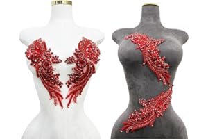 ARTISTRYXB Handmade Rhinestones lace Trim Patches Handsewing Beads Bodice Applique for Dress DIY Accessories 1pair/Set (Red)