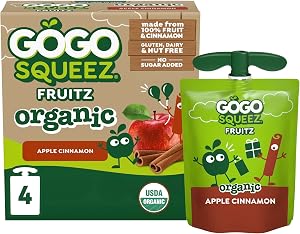GoGo squeeZ No Sugar Added Organic Apple Cinnamon Applesauce, 4 Count | Kids On The Go Fruit Snack Made with Apple and Cinnam