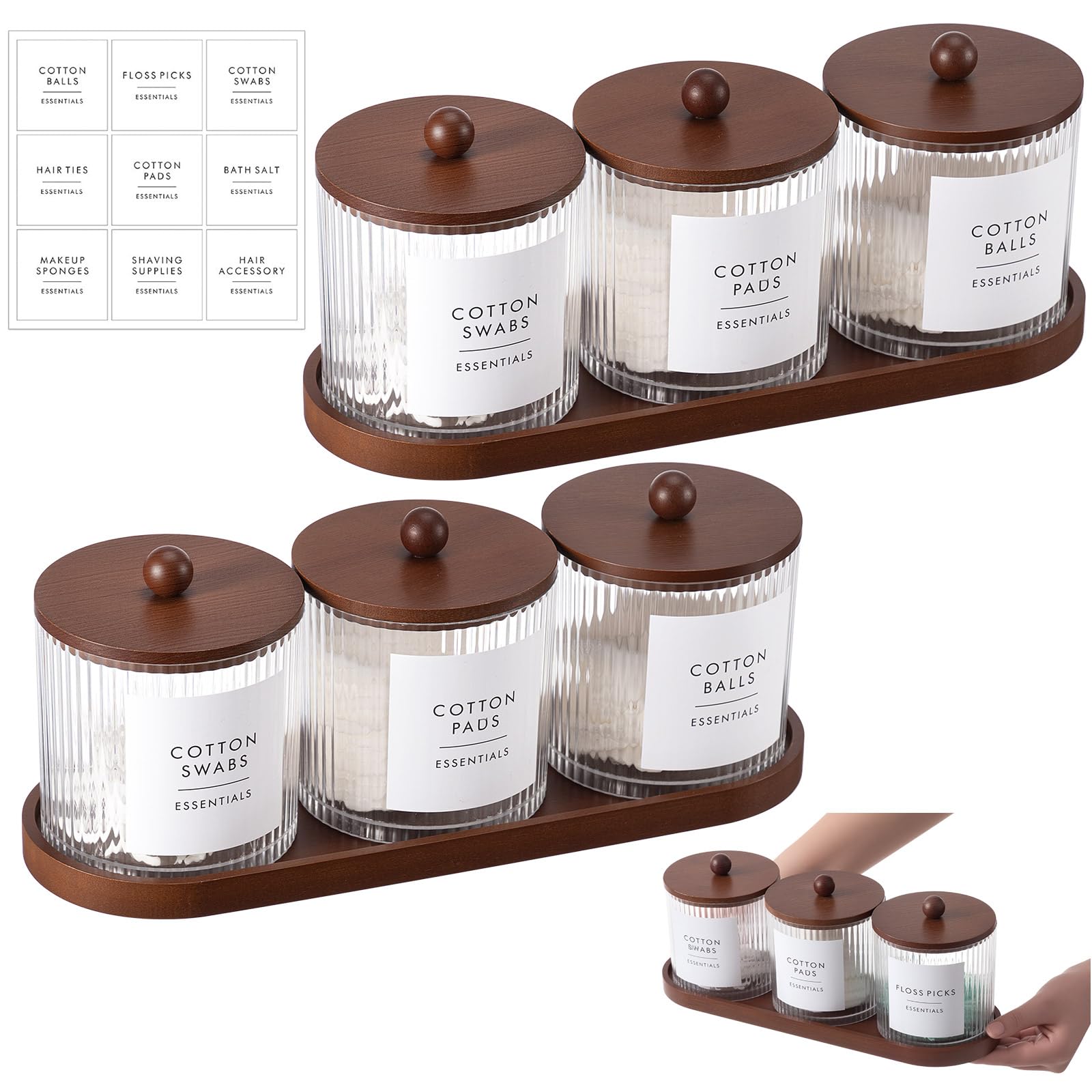 Photo 1 of Vesici 6 Pack Bathroom Canisters Ribbed Apothecary Jars with Bamboo Lids 2 Bamboo Trays and 9 Label Stickers Cotton Swabs Holder Bathroom Organizer Storage Set Acrylic 18 oz Dispenser Container(Brown)