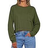 Tankaneo Womens Cropped Long Sleeve Shirts Trendy Casual Boxy Fall Tops Loose Fit Crew Neck Tees T-Shirt
