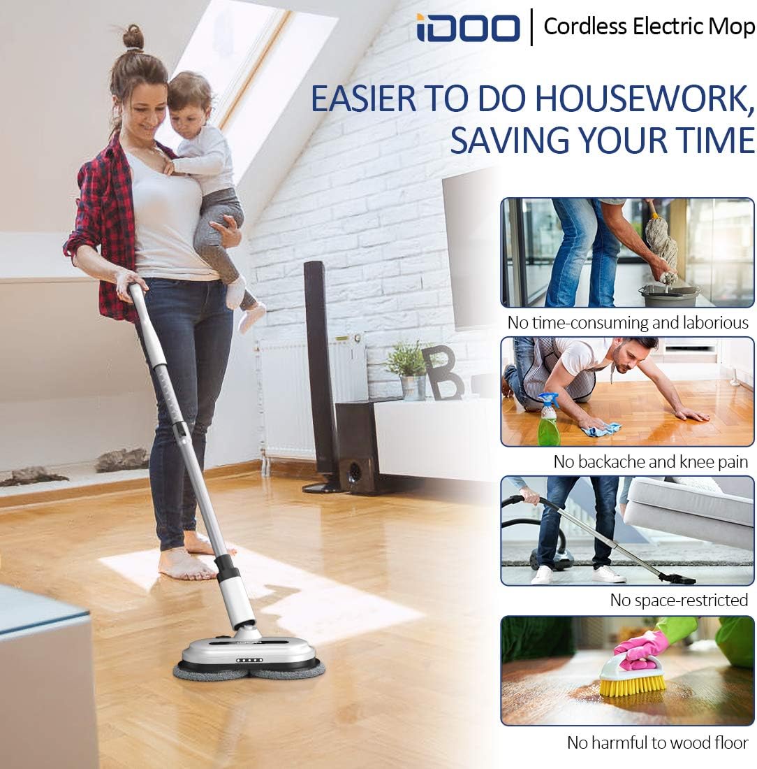 Cordless Electric Spin Mop, Floor Cleaner with Built-in 300ml Water Tank, Polisher for Hard Wood & Tile & Laminate & Marble Floors, Scrubber&Spray Mop with 4 Mop Pads,Detachable Battery, LED Headlight: Health & Personal Care