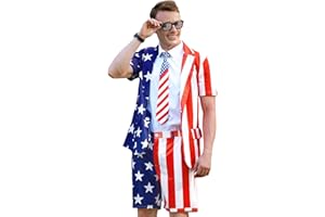 Mainfini Men's 3 Pcs American Flag Suit 4th of July Blazer with Shorts Tie (S-XXL)