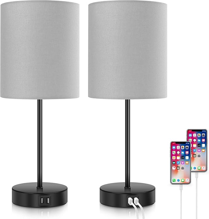 Amazon Com 2 Pack Touch Control 3 Way Dimmable Grey Bedside Table Lamp 2 Usb Charging Ports Nightstand Lamp With 2700k Warm White Bulbs Round Fabric Shade Modern Desk Reading Lamp For Bedroom Living Room