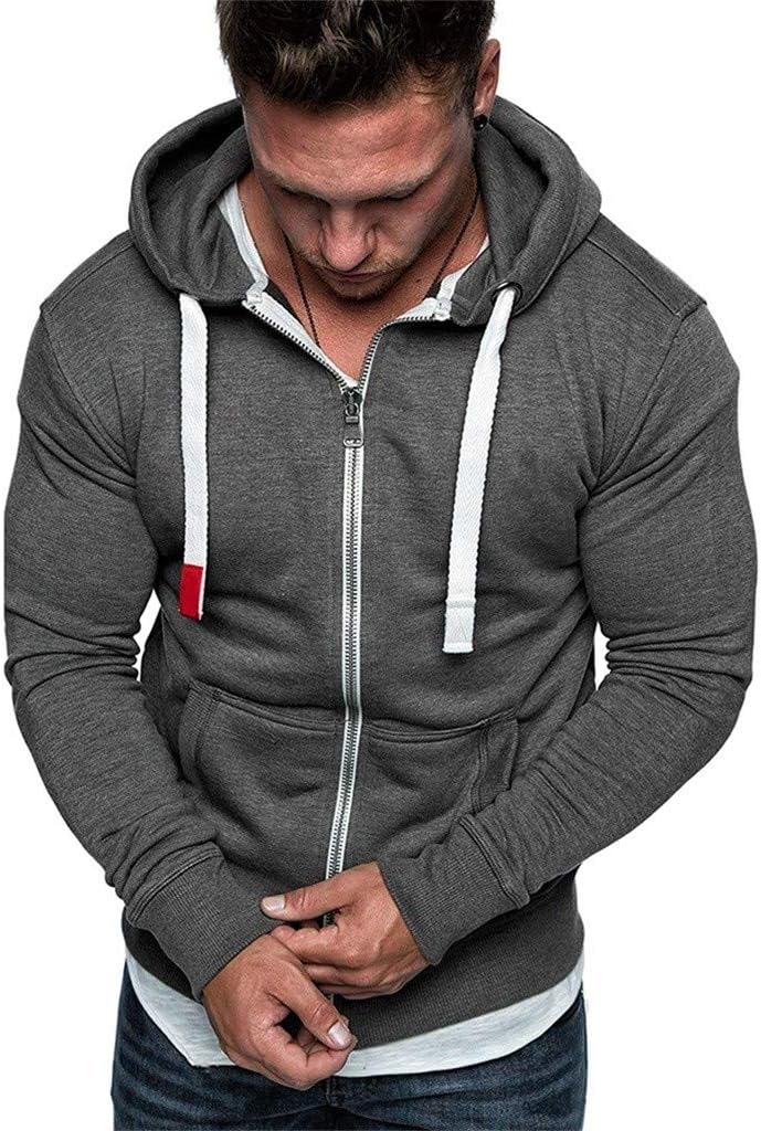 HOOUDO Sweatshirt Man,Autumn Winter Men's Hoodies with Zip Pocket Plain Solid Color Hoody Jacket Outwear for Gym Sports