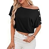 Remidoo Off The Shoulder for Women Short Sleeve Crop Top Summer Buttons Loose Tshirt