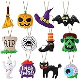 12 Halloween Tree Ornaments - 3D Felt Hanging Decorations: Pumpkin, Black Cat, Ghost, Witch Hat, Spider, Bat for Party Decor
