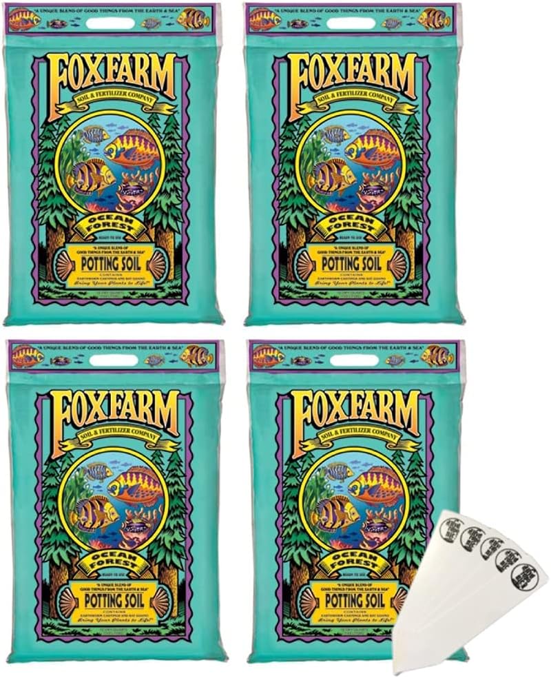 FoxFarm Ocean Forest Potting Soil Mix Indoor Outdoor for Garden and Plants | Plant Fertilizer | 12 Quart + THCity Stake (4 Pack)