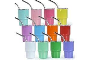 FECBK 3 oz Mini Tumbler Shot Glass with Straw and Lid 12 Pcs Sublimation Shot Glasses Tumblers Blank Stainless Steel Cute Shot Glasses Set for Wedding Party Whiskey Cocktail Bar, 12 Colored