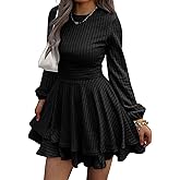Evzeiem Womens Long Sleeve Knit Dress Casual Lantern Sleeve Crewneck Ruffle Short Flare A-Line Mini Sweater Dress