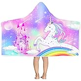 Bonsai Tree Unicorn Hooded Beach Towel for Kids, Cute Rainbow Bath Towel with Hood for Girls, Pink Magic Castle Microfiber Super Absorbent Soft Poncho Bathrobe for Swin Pool 30”x50”