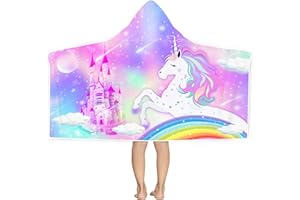 Bonsai Tree Unicorn Hooded Beach Towel for Kids, Cute Rainbow Bath Towel with Hood for Girls, Pink Magic Castle Microfiber Super Absorbent Soft Poncho Bathrobe for Swin Pool 30”x50”
