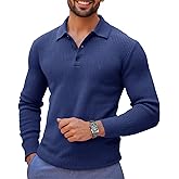 Runcati Mens Long Sleeve Polo Sweater Knit Polos V Neck Casual Dress Button Collared Pullover Sweaters